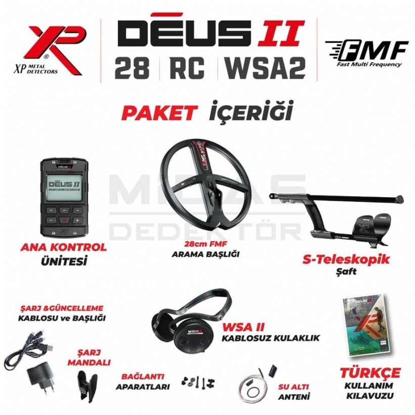 XP Deus 2 Dedektör - 28cm FMF Başlık, Ana Kontrol Ünitesi, WSA2 Kulaklık